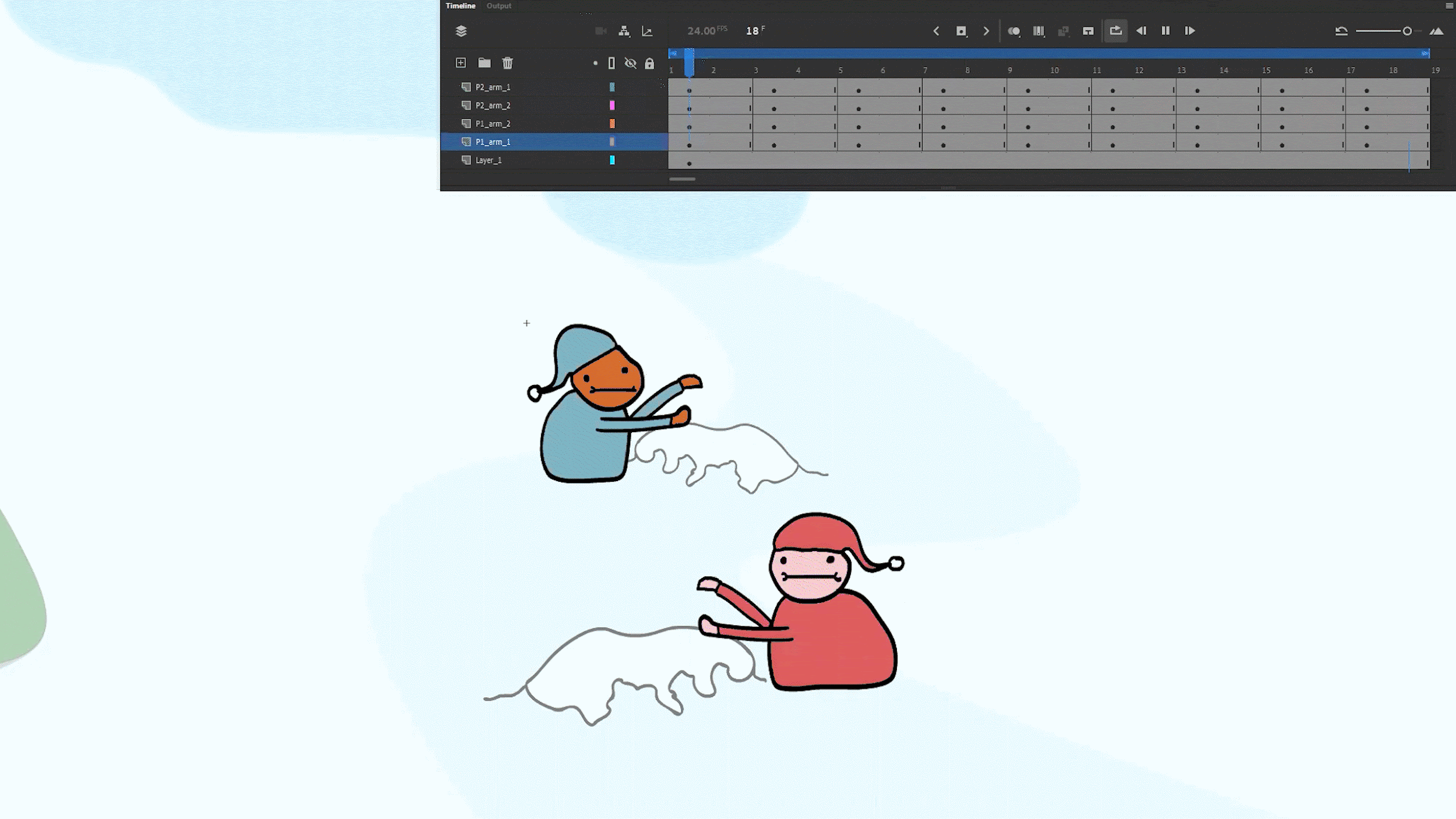 Figure 9: An animated GIF created from my animated video demonstrates my view while animating the scene. The playhead scrubs across 19 frames making up the timeline. In this scene, four out of five assets, indicated by the layers, change nine times as indicated (Petryna 2021).
